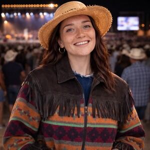 Vtg Julian B Free Wool & Leather Blanket Coat Women's XL‎ Southwestern Aztec USA